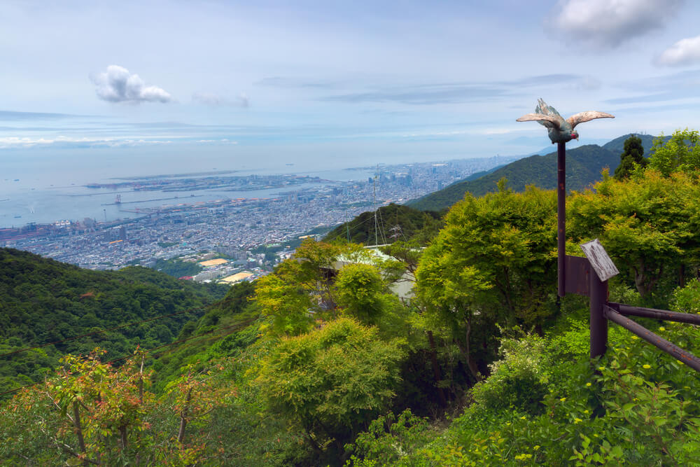 六甲山から市街と海を見下ろした風景