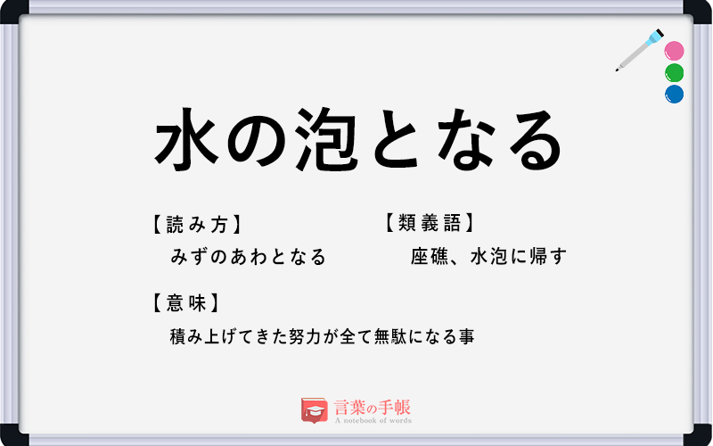 水の泡となる の使い方や意味 例文や類義語を徹底解説 言葉の手帳 様々なジャンルの言葉や用語の意味や使い方 類義語や例文まで徹底解説します
