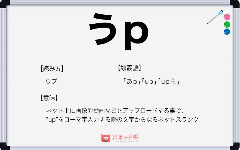 「うp」の使い方や意味、例文や類義語を徹底解説！ | 「言葉の手帳」様々なジャンルの言葉や用語の意味や使い方、類義語や例文まで徹底解説します。